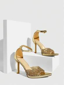 CUCCOO SZL أحذية نسائية جديدة عصرية وجذابة ذات كعب عالي من الذهب اللامع مزينة بالراين ستون، ذات حزام واحد، منصة مقاومة للماء، وأصبع قدم مدبب مناسبة للحفلات والملابس الرسمية