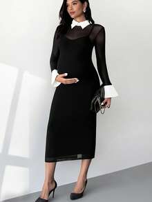 MaterniWear Umstands-Arbeitskleidung Umstands-Arbeitsoutfits Umstands-Arbeitskleidung Umstands-Arbeitskleider Elegantes Umstands-Pendlerkleid mit Kontrastbesatz und Seitenschlitz, Herbst - Schwarz - Übersicht 5