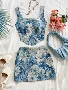 Soleia Winter And Summer Christmas  Vintage Blue Palace Style Floral Jacquard 2 Pieces Set: Bustier With Button Front And Tie Back, Mini Skirt, Spring/Summer Floral Two Piece Set Summer Two Piece Set Two Piece Set Floral Mini Skirt Set Printed Two Piece Set Summer Skirt And Top Set Beach 2 Piece Set Tropical Two Piece Set New Year Clothes  Party  For Women Beach  Elegant 2 Pieces Set For Women Formal - Multicolor - View 1
