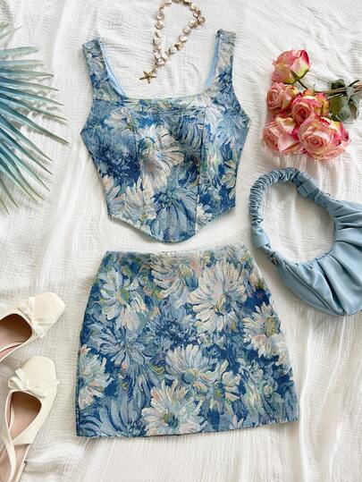 Soleia Winter And Summer Christmas  Vintage Blue Palace Style Floral Jacquard 2 Pieces Set: Bustier With Button Front And Tie Back, Mini Skirt, Spring/Summer Floral Two Piece Set Summer Two Piece Set Two Piece Set Floral Mini Skirt Set Printed Two Piece Set Summer Skirt And Top Set Beach 2 Piece Set Tropical Two Piece Set New Year Clothes  Party  For Women Beach  Elegant 2 Pieces Set For Women Formal