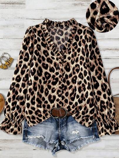 Linhara CURVE Plus Size Women's French Style Leopard Print Collar Long Sleeve Loose Casual Shirt Dress, Autumn, Long Sleeve Shirt With Ruffle Collar For New Year