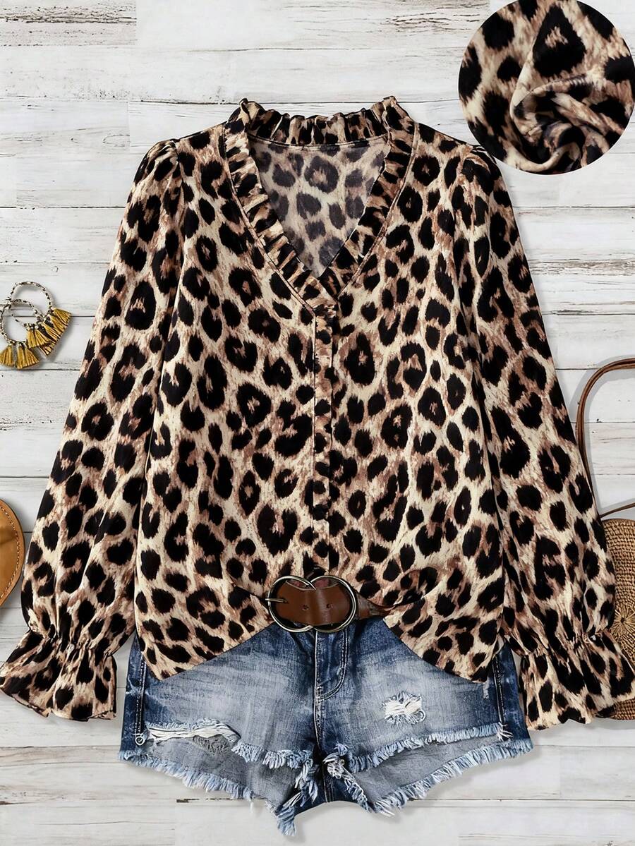 Linhara Plus Size Women's French Style Leopard Print Collar Long Sleeve Loose Casual Shirt Dress, Autumn, Long Sleeve Shirt With Ruffle Collar For New Year - Multicolor - View 1