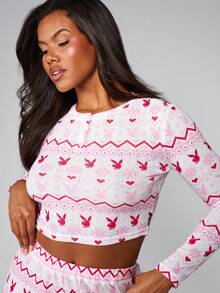 Missguided x Playboy Bộ đồ ngủ Henley ống rộng họa tiết Giáng sinh Fairisle Pointelle - Nhiều màu - Xem 3