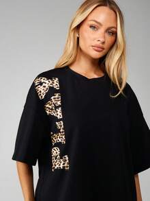 Missguided x Playboy Leopard Print Letter Graphic Oversized T-Shirt Relaxed Fit Crew Neck Casual Top - Black - View 4