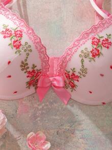 Pink Underwire Padded Bra With High Support, Lift & Gather, Embroidered Floral Pattern, Romantic Countryside Style Women's Lingerie