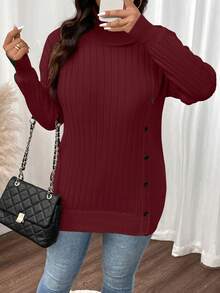 SHEIN LUNE 大码高领不对称下摆纽扣落肩套头衫