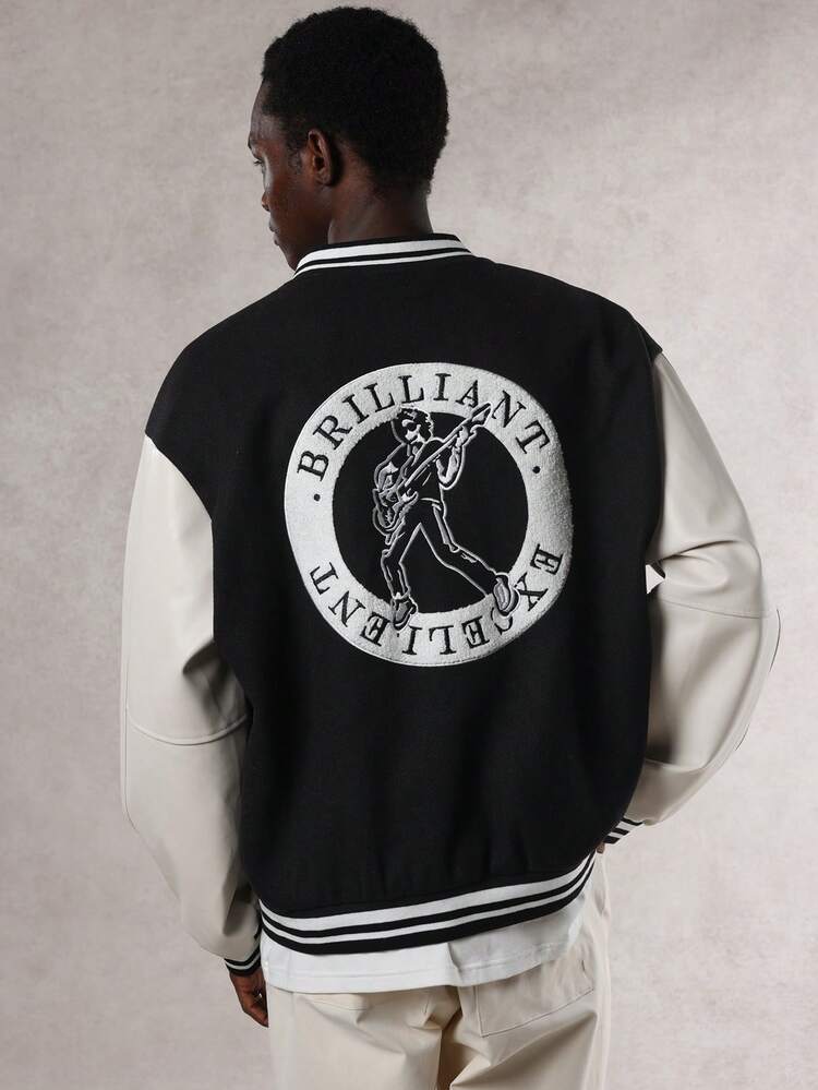 Men's Jacket With Letter Embroidery Patchwork Contrast Color Design, Street Style, Autumn