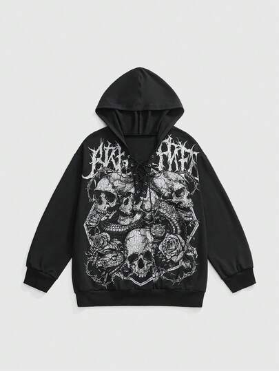 Goth Plus Size Gothic Skull Print Loose Fit Long Sleeve Sweatshirt