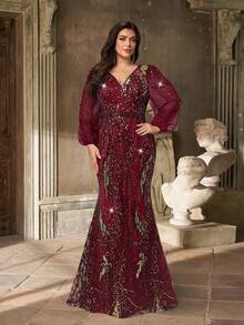 Aureia Đầm cỡ lớn sang trọng, thanh lịch, lãng mạn, cổ chữ V đính sequin và hạt cườm, tay phồng, dáng đuôi cá ôm sát, thích hợp cho tiệc tối, hẹn hò, dạ hội, đám cưới, lễ tốt nghiệp, kỳ nghỉ, ngày Valentine. - Màu Đỏ Sâu - Xem 5