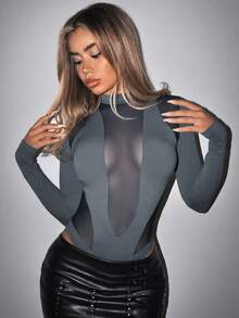 SHEIN ICON Bộ đồ liền thân Bikercore Contrast Mesh Black Mock Neck Slim Fit - Màu xám đen - Xem 3