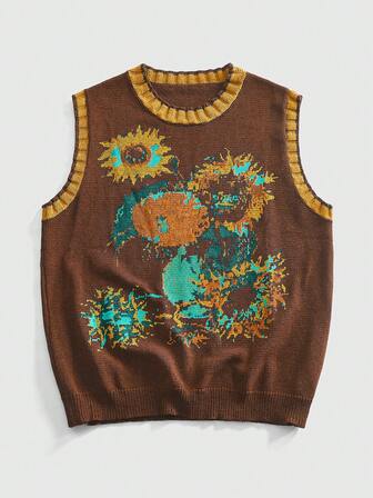 Street Life Maglione lavorato a maglia con scollo a V e stampa di girasoli, stile retrò per uomo