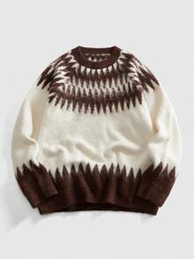 ROMWE MEN Street Life Pulover bărbătesc vintage cu guler rotund, model Fair Isle Jacquard, tricotat, cu mânecă lungă - Bej - Vizualizare 1