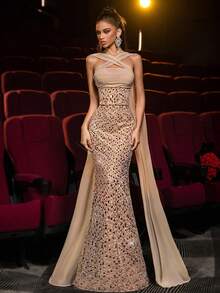 Glamrae Elegant Apricot Luxurious Three-Dimensional Sequined Satin Stitching Tube Top With Cross-Shoulder Halter Neck And Floating Pieces, High Waist And Slim Straight-Cut Hip-Hugging Maxi Dress, Suitable For Dating, Vacation, Bachelorette Party, Wedding Event, Christmas And New Year's Elegant And Gorgeous Evening Dress