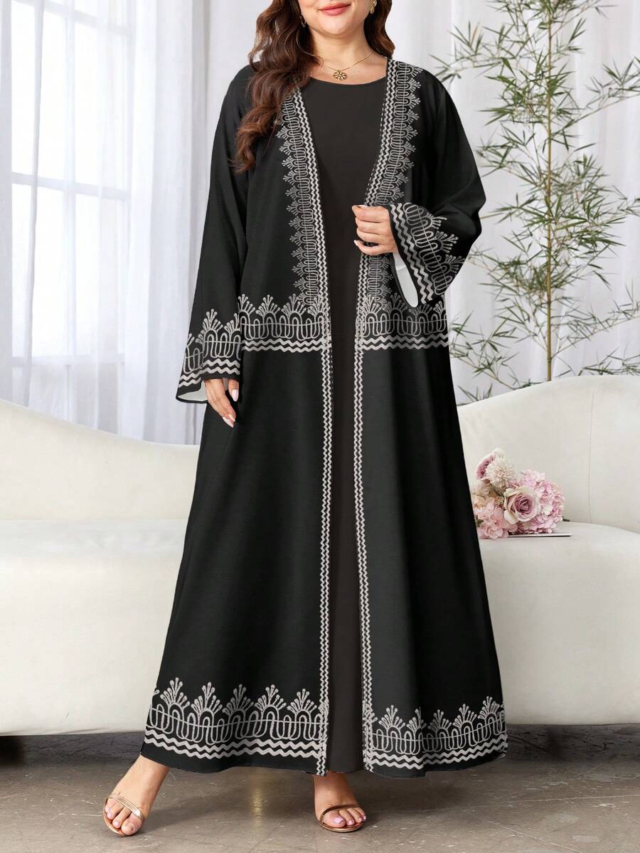 SHEIN Najma 大码女式波浪条纹花卉印花长袖休闲阿拉伯长袍，春秋季 - 彩色 - 查看 1