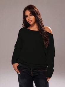 Rustia Plus Size Solid Color Pink Sexy Simple Batwing Sleeve Pullover Sweater - Black - View 5