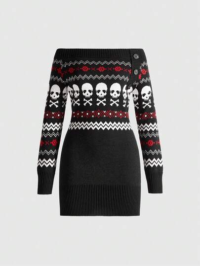 Grunge Punk Robe pull femme vintage sexy Y2K avec motif squelette sur l'épaule