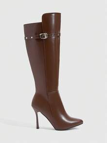 女士时尚舒适细高跟过膝靴 - 棕色 - 查看 2