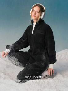 GLOWMODE Skiing Collection Cloud Fleece Slope Chaser Cozy Plush Pockets Elastic Waistband Relaxed Fit Half-Zip Jumpsuit Outdoors - Black - View 6