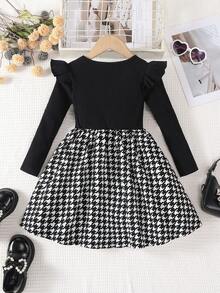 SHEIN Rochie elegantă și casual pentru fete, cu mânecă lungă, decolteu rotund, talie strânsă, linie A și mânecă scurtă drăguță cu flori, cu model în carouri, nou-venită toamnă-iarnă, fete tinere, ținute zilnice, școală, toamnă-iarnă, asortare cămașă albă, sezonul înapoi la școală.