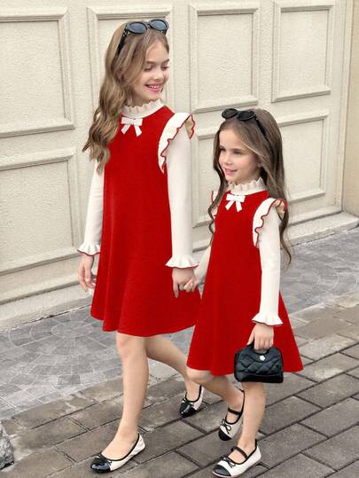 SHEIN Serisse Kids Vestido de suéter de manga larga con hombros descubiertos, lazo y jacquard en color albaricoque y rojo para niñas preadolescentes, vestido de graduación, atuendo elegante, ropa formal, ropa de otoño e invierno