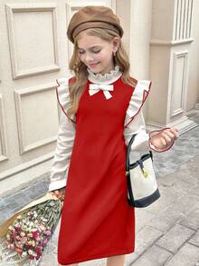 SHEIN Serisse Kids 青少年女孩杏色和红色提花领结露肩长袖毛衣裙，返校节礼服，优雅服装，服装，礼服，秋季服装，适合秋冬 - 紅色 - 查看 7