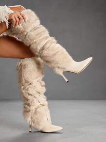 CUCCOO SZL 性感时尚奢华派对尖头细高跟仿皮草衬里拉链踝靴，杏色及膝女靴 - 杏色 - 查看 3