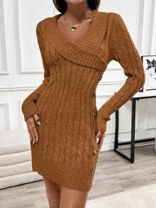 Chiquease Collared Knit Long Sleeve Comfortable Sweater Dress - Khaki - View 7
