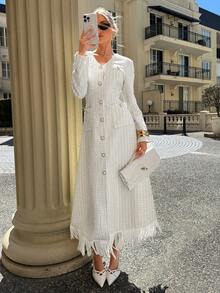 Siren Gaze Women's V-Neck Long Sleeve Single-Breasted Elegant Long Dress White Linen Dress White Modest Dress White Fringe Dress French Style Dress White Western Dress Winter Party Evening Dress - Apricot - View 6