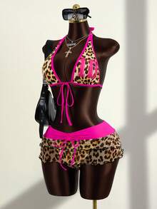 Zestiva 3pcs Women's Leopard Print Halter Neck Bikini Set With Tie-Up Top, Triangle Bottom And Contrast Color Drawstring Mini Skirt - Multicolor - View 6