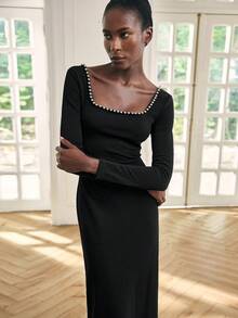 Maija 女士黑色方领、宽领口、常规肩部、长袖、收腰、修身、H 型、后开衩，方便行走、商务休闲连衣裙、办公室着装、低调优雅、城市通勤、杂志编辑推荐、城市社交、度假、派对装、多功能、修身、街头服饰、咖啡厅休闲风格、中长连衣裙 - 黑色 - 查看 5