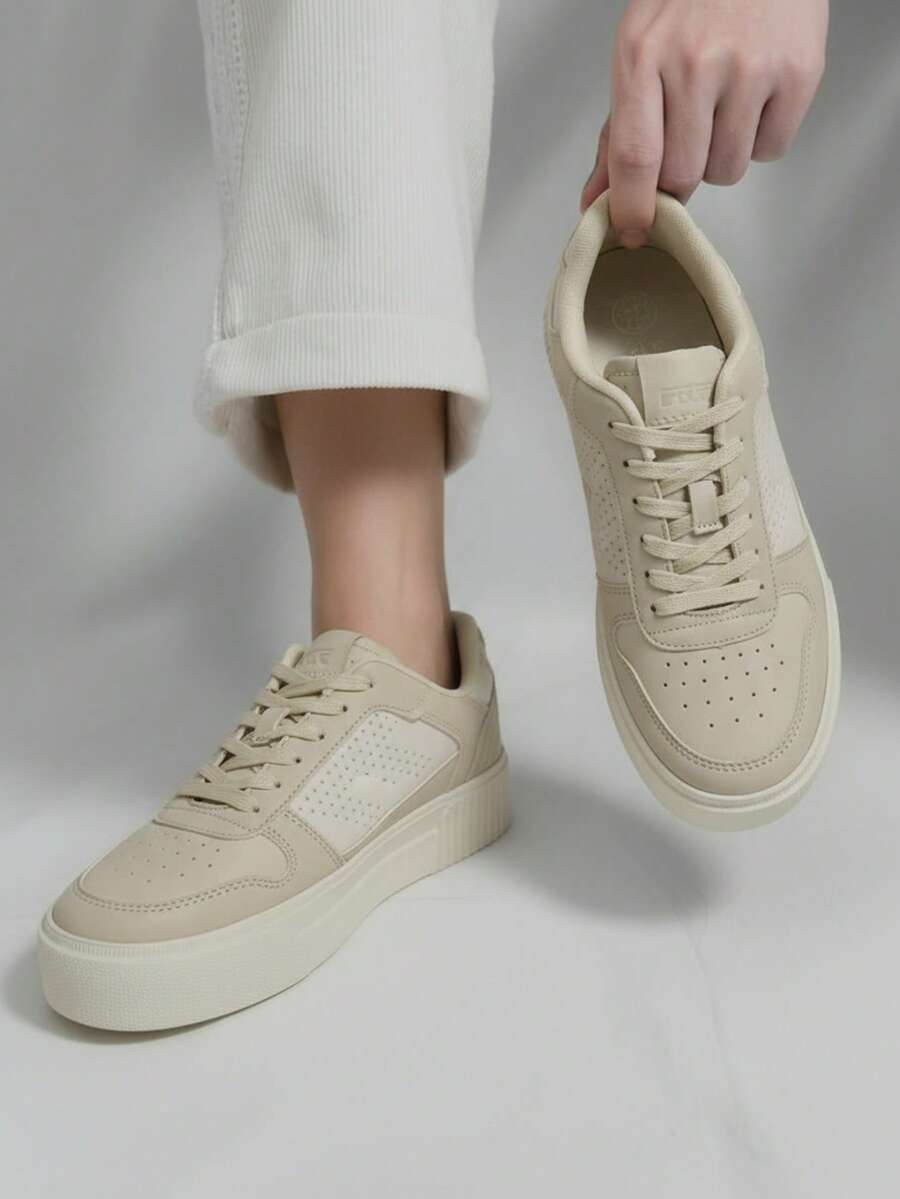 Tenis para hombre de piel sintética transpirable punta redonda con agujeta suela gruesa estilo casual minimalista para diario y moda - Beis - Ver 1