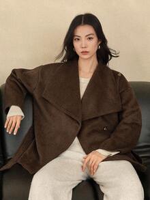 Dazy-Less 女士优雅时尚厚款短款棕色羊毛混纺休闲商务外套，秋冬 - 棕色 - 查看 7