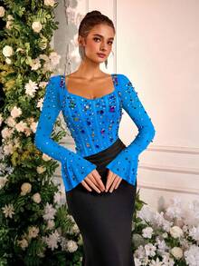 Glamrae Elegante vestido de noche de gala largo con mangas de volantes de malla negra y caqui, con detalles de lujo de strass - Agua verde azul - Ver 4