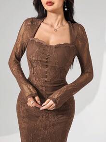 Modelyn Square Neck Lace Long Sleeve Fitted Midi Dress For Women - Brown - View 1