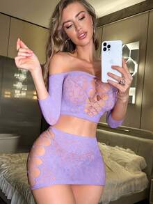 2pcs/Set Christmas Wine Red Sexy Women's Lingerie Set, Cropped Halter Top And Ultra-Short Bodycon Skirt With Fishnet Overlay - Violet Purple - View 7