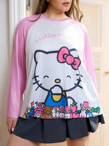 HELLO KITTY AND FRIENDS | SHEIN Plus Size Cartoon Pattern Color Block Round Neck Raglan Long Sleeve T-Shirt Cartoon Shirts Women Pink And White Top