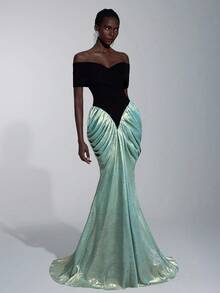 Elitara Elegant Luxurious Black & White Satin Patchwork Coated Fabric Asymmetric Off Shoulder Drop Shoulder Ruched Fishtail Hem Formal Evening Gown - Baby Blue - View 7