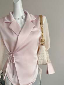 Celisse Women's Lapel NeckLong Sleeve Side Knot Fashionable Blouse - White - View 5