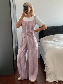 DAZY 2pcs Women's Casual Patchwork 2 In 1 Top And Wide Leg Pants Set Lounge Sets For Women - Pink - View 5