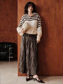 Zovinel Áo khoác cardigan sọc cổ khóa kéo thanh lịch dành cho nữ, áo khoác ngoài dài tay, áo len dệt kim sọc màu tương phản, thu/đông - Màu Khaki - Xem 5