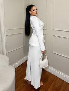 SHEIN SXY White Blazer & Skirt Elegant Suit Set, White 2 Piece Set, Elegant 2 Piece Set, Modest Two Piece Set, Tall Two Piece Set,Fall ,Winter,White ,Business Casual Outfits Women, 2 Piece Sets Woman Classy, Blazer Skirt Set, 2 Piece Dress Set - White - View 2