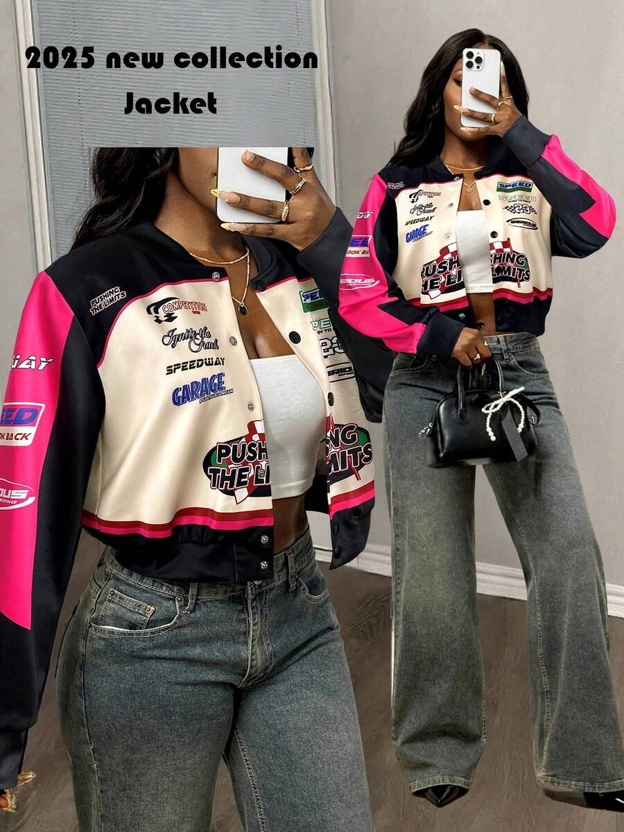 Slaydiva 2025新款早秋冬休闲街头日常约会机车复古棒球夹克口号Logo杏色拼接黑绿印花落肩长袖宽松外套针织面料女装 - 玫紅色 - 查看 1