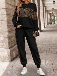 SHEIN LUNE 女式长袖豹纹拼布运动衫和长款运动裤冬季套装两件套女装 - 彩色 - 查看 3