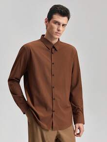 Officeau Men's Solid Color Long Sleeve Single-Breasted Casual Commuter Shirt, Basic Long Sleeve Business Shirt, Casual Business Formal Shirt, Fall Old Money Men's Dress Shirt Spring To Summer - Brown - View 5