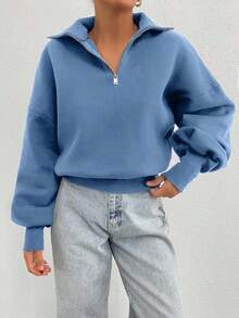 SHEIN Cottnline 100% Cotton Collar With Zipper Pattern Oversize Sweatshirt - Baby Blue - View 8