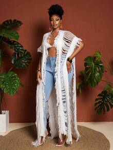 Maweii Suéter de mujer talla grande, moda femenina, cardigan elegante blanco extra largo con flecos y calado para vacaciones