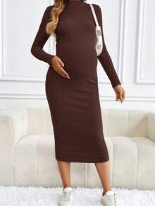 SHEIN 女式纯色简约高领长袖休闲连衣裙 - 棕色 - 查看 4