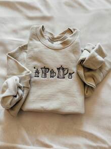 INAWLY Embroidered Coffee Graphic Crew Neck Sweatshirt For Women - Apricot - View 3