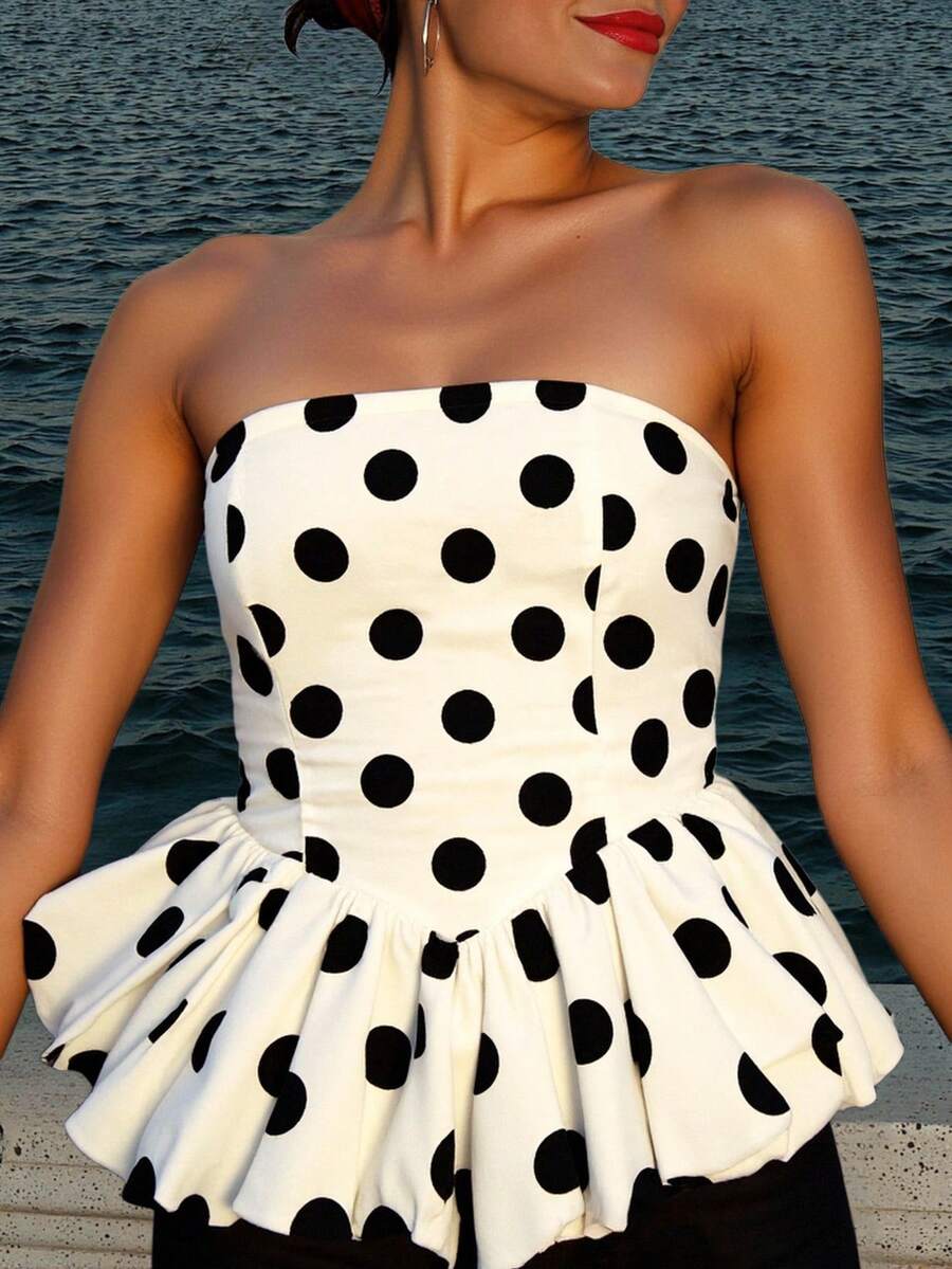 新款时尚百搭圆点抹胸 - 卡其色 - 查看 1