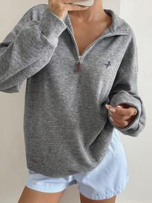 Livesso Sudadera de mujer con cuello alto, media cremallera, estampado de dibujos animados, estilo casual de negocios elegante de calle, forrada térmicamente para otoño/invierno - Gris - Ver 9